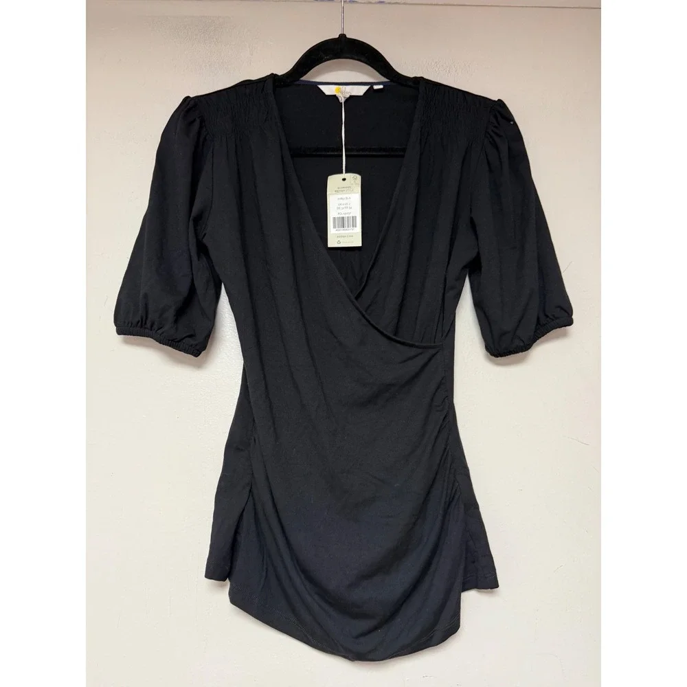 Boden Wrap Top Womens 2‎ Black NWT V-Neck Ruched Puff Sleeve J0852